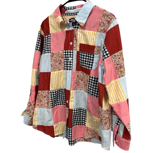 Lands End Womens Patchwork Button-Up Cotton Shirt Multicolor Size Large 14 - Picture 3 of 9